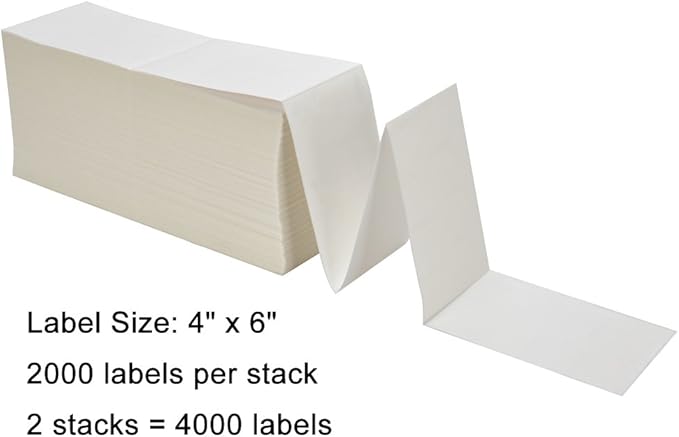 2 Stacks Fanfold 4" x 6" Direct Thermal Labels, 2000 Labels Per Stack, White Perforated, Permanent-Adhesive, Compatible with Zebra, Rollo and Most Thermal Label Printer