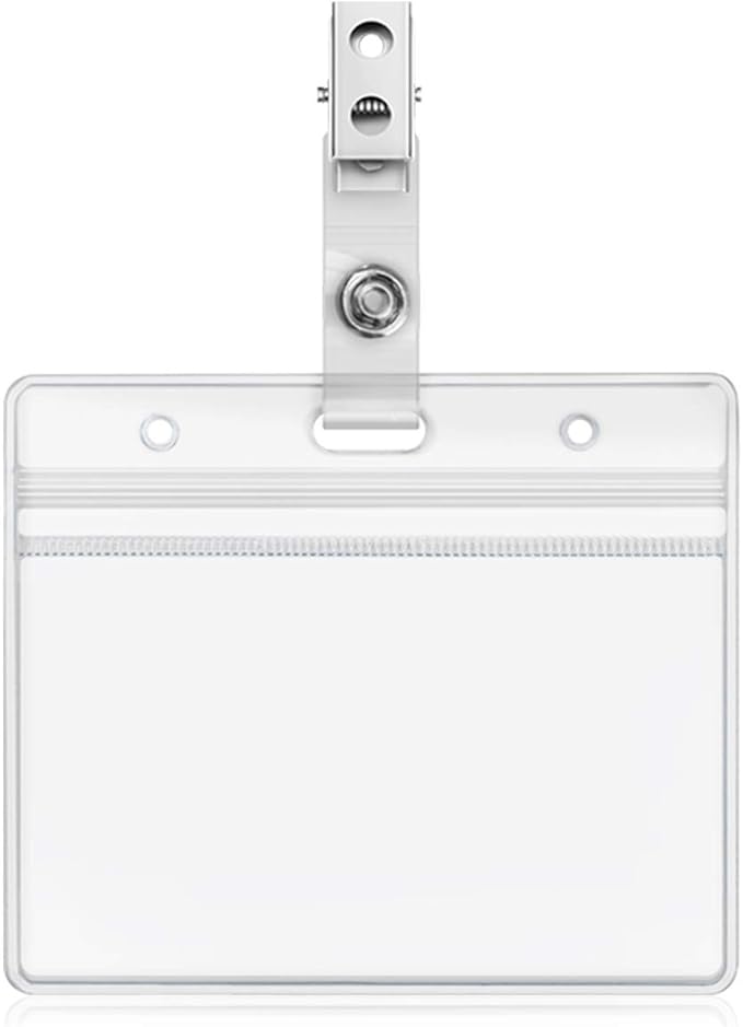 Clear Plastic Horizontal Name Tag Holder and Metal Badge Clip with Vinyl Straps Waterproof PVC ID Card Holders (100 Pack, Horizontal Large 3x4)