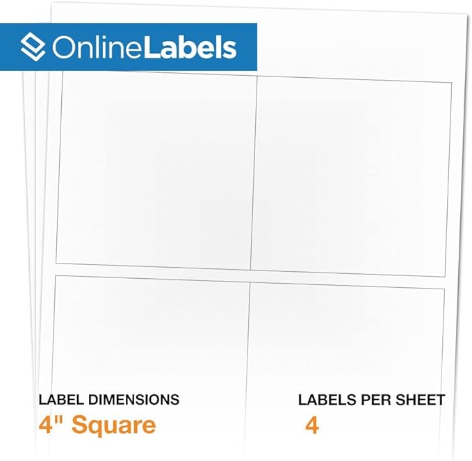 4 x 4 Square Label - Pack of 100 Labels, 25 Sheets - Inkjet/Laser Printer - Online Labels