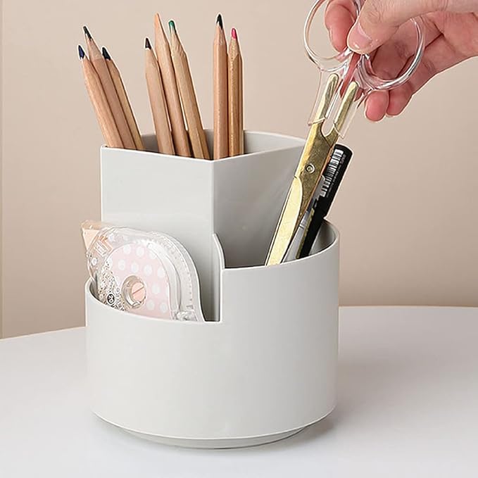 Rotating Pen Holder 3 Compartments, School Supplies Organizer for Pen, Colored Pencil, Art Brushes, Desktop Storage Box in Classroom & Art Studio, Gift for Teachers, Classmates, and Friends ,Grey