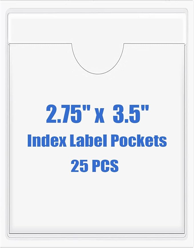 Origin-Joy 25 PCS Self-Adhesive Index Label Pockets, Clear Plastic Peel & Stick Card Holders with Top Open for Loading (2.75 x 3.5 inch)