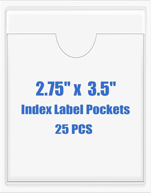 Origin-Joy 25 PCS Self-Adhesive Index Label Pockets, Clear Plastic Peel & Stick Card Holders with Top Open for Loading (2.75 x 3.5 inch)