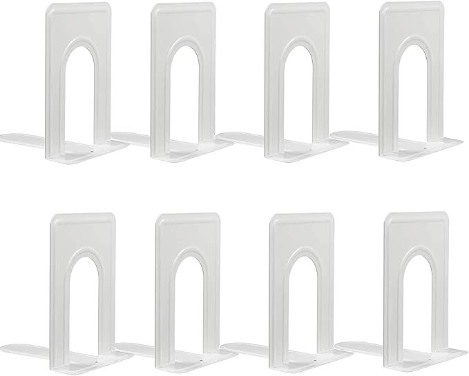 Metal Bookends for Home Office, Book Shelf Holder Home Decorative, Book Ends for Heavy Books/Movies/CDs, White 6.5 x 5 x 5.7 in, 4 Pair/ 8 Piece
