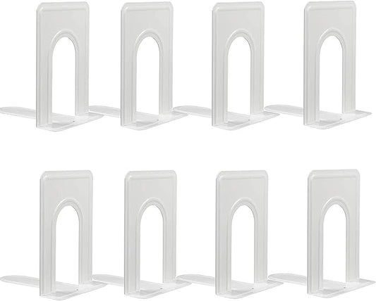 Metal Bookends for Home Office, Book Shelf Holder Home Decorative, Book Ends for Heavy Books/Movies/CDs, White 6.5 x 5 x 5.7 in, 4 Pair/ 8 Piece