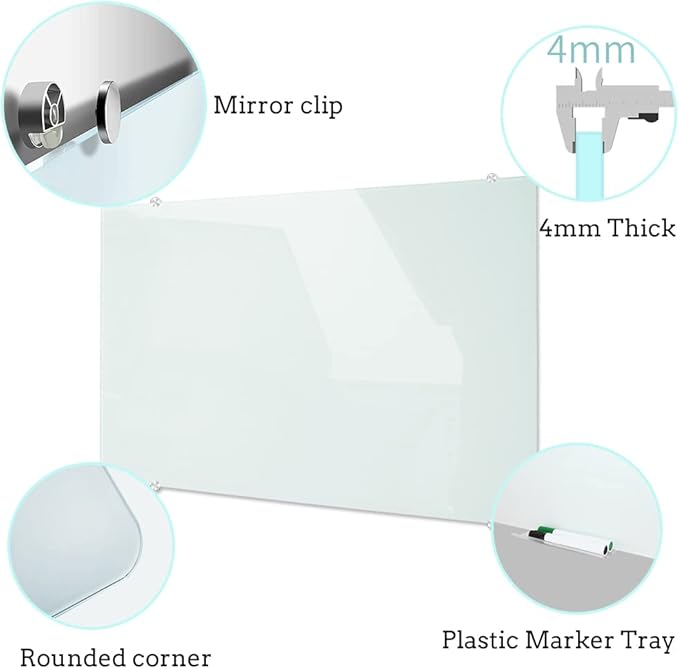 DEVELOP Large Magnetic White Glass Dry Erase Board, 60 x 36 Inches (150 x 90 cm), Modern Tempered Glass Whiteboard for Wall, Frameless White Board with Marker Tray, 4 Markers, 2 Magnets, 1 Eraser