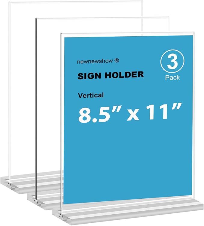 newnewshow 8.5x11 Clear Acrylic Sign Holder, Display Stand, Plastic Card Holder for Business, Office, Retail (3 Pack 8.5x11)