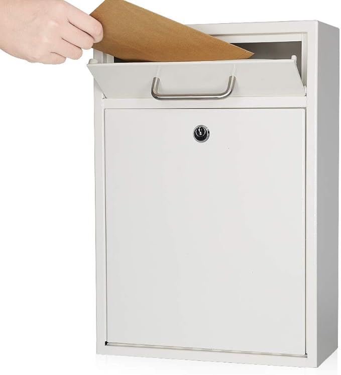 KYODOLED Steel Key Lock Mail Boxes Outdoor, Locking Wall Mount Mailbox, Security Key Drop Box, Collection Boxes,16.2H x 11.22L x 4.72W Inches, White X Large