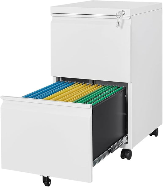 2 Drawers Vertical File Cabinet - Fully Assembled White Under Desk Mobile Filling Cabinet Small Lockable Home Office File Cabinets for A4/Letter/Legal Size
