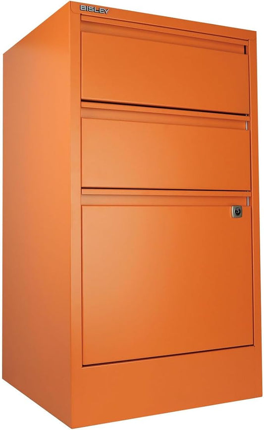 3-Drawer Flush Front Vertical File Cabinet - Bisley Orange, 2 Utility Drawers + 1 Hanging File Drawer, Powder-Coated Steel, Locking Bottom Drawer by Bisley