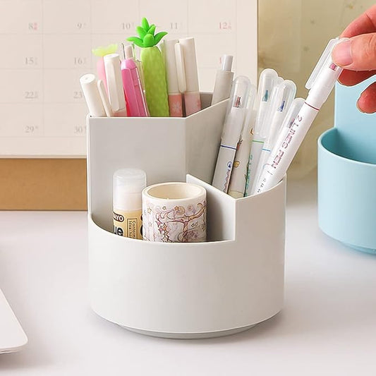 Rotating Pen Holder 3 Compartments, School Supplies Organizer for Pen, Colored Pencil, Art Brushes, Desktop Storage Box in Classroom & Art Studio, Gift for Teachers, Classmates, and Friends ,Grey