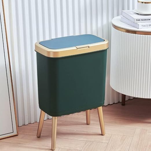 Procade Trash Can with Lid,Small Bathroom Garbage Can with Lid, Plastic Trash Can with Push Button,Narrow Waste Basket for Bedroom,Living Room, Toilet,Office,Kitchen,4 Gal-Gold Edge