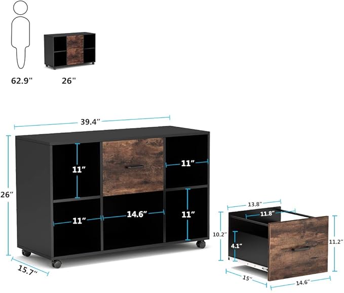 Tribesigns 2 Drawer File Cabinet, Large Mobile Lateral Filing Cabinet for Letter Size, Printer Stand with Storage Shelves and Rolling Wheels for Home Office (Black/Rustic)