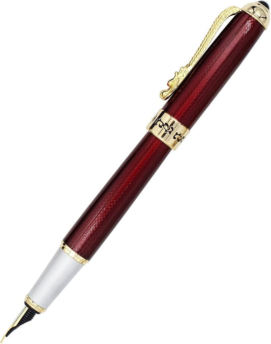 Gullor Fountain Pen with Ink Converter, Golden Dragon Clip, Executive Pen for Smooth Writing, Fine Nib, Red