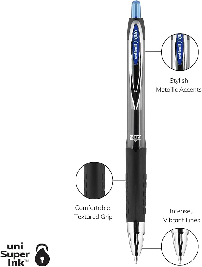 Signo Gel 207 Roller Ball Retractable Gel Pen, Blue Ink, 0.7MM, Dozen