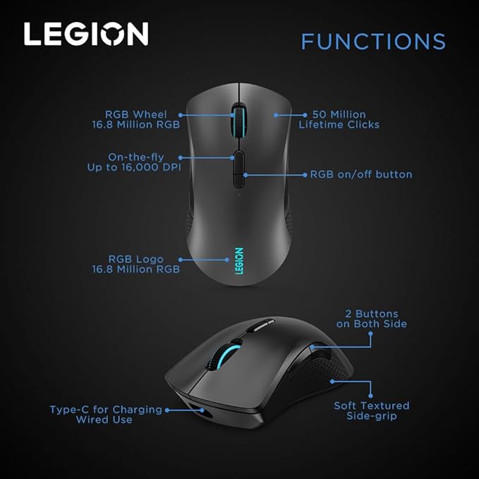 Lenovo Legion M600 RGB Wireless Gaming Mouse – 16,000 DPI, 9 Programmable Buttons, 200-Hour Battery Life, 50-Million Clicks Durability – Ambidextrous Computer Mouse (Black)