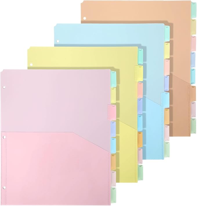 32 Pcs/4 Sets 8 Tab Binder Dividers with Pockets Plastic Tabs Dividers for 3 Ring Binder with Pockets Colorful Sturdy Subject Notebook Divider for Office School Home Business Organizer (Pastel)