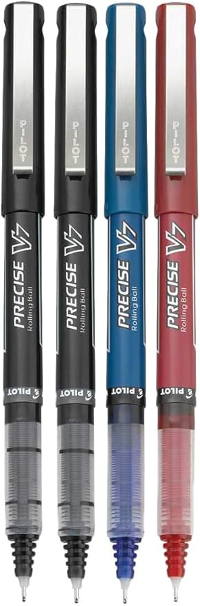 Precise V7 Stick Rolling Ball Pens, Fine Point (.7mm), Assorted Colors Black/Blue/Red Ink, 4-pk; Bundle with Plastic Reusable Pouch