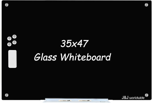 Magnetic Whiteboard, Black Dry Erase Board 4' x 3', Tempered Glass White Board Frameless, Home School Supplies or Home Office Decor with Magnets, Markers, Eraser, Marker Tray