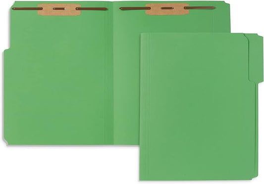 50 Green Fastener File Folders - 1/3 Cut Reinforced Tab - Durable 2 Prongs Bonded Fastener Designed to Organize Standard Medical Files, Law Client Files, Office Reports - Letter Size, Green, 50 Pack