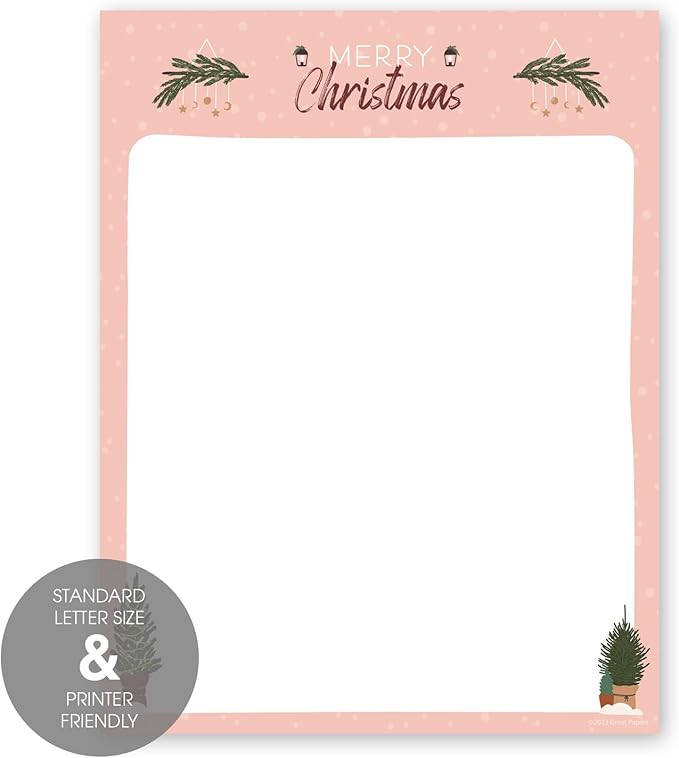 Greenery Merry Christmas Pink Letterhead / 50 Sheets / 8.5" x 11" Festive Tree Holiday Paper/Decorative Modern Winter Stationery Letterhead