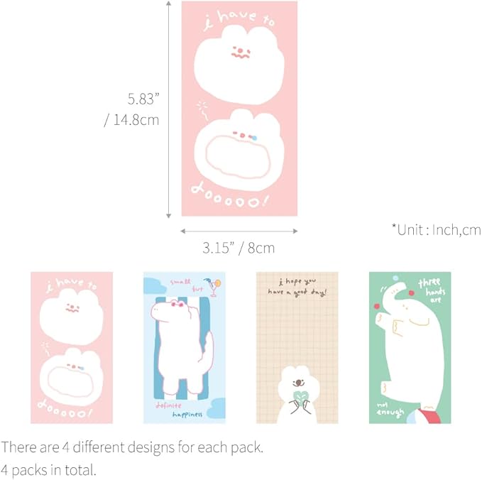 Monolike Memopad Storytown Afternoon B SET - 4 Packs, 4 Different Designs, 80 Sheets Per Pad, Total 320 Sheets, Note pads, Writing pads, 80x148mm