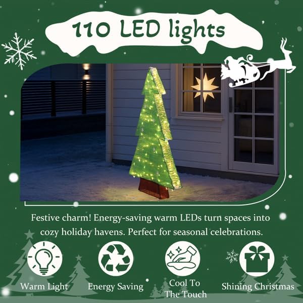 CZBZ 4FT Christmas Lighted Tree Decorations with 110 LED Warm White Lights, Pre-Lit Green Tinsel Christmas Tree for Outdoor Yard Lawn Garden Home Indoor Holiday Front Porch Décor