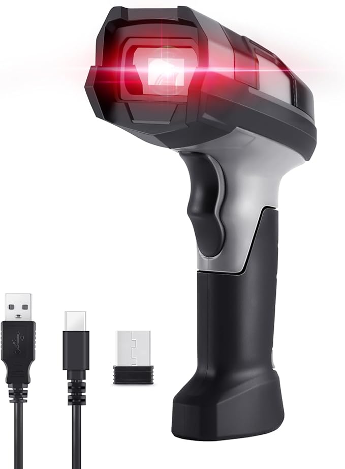 Barcode Scanner Wireless, JRHC Industrial 1D Laser Bar Code Scanners 2 in 1 Plug and Play Rugged Heavy Duty & IP65 Waterproof, Long-Distance Wireless Handheld Barcode Reader with 1.8" Screen