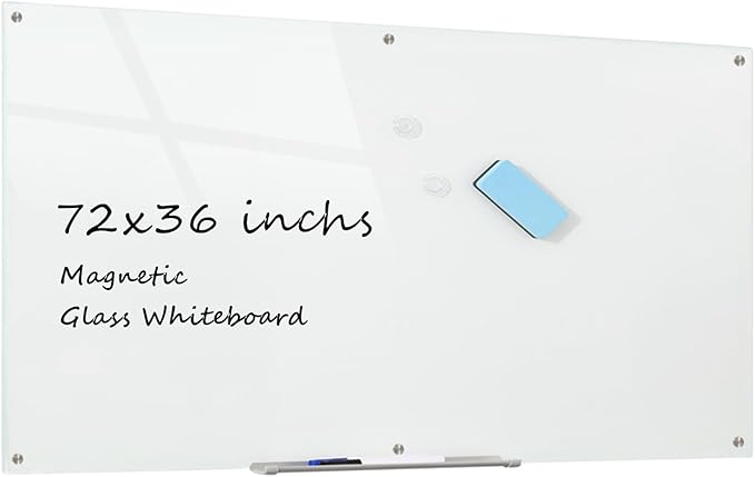 Glass Whiteboard Magnetic Dry Erase Board 6' x 3', Large Frameless Glass White Board for Wall, White Surface.