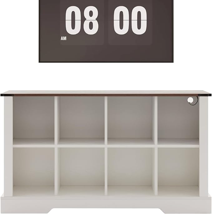 8 Cube Storage Organizer, 2 Tier Bookshelf for Living Room, Farmhouse Bookcase with Led, Kids Toy Storage Cabinet, Wall Cubby Shelves for Home Decor, Wood Display Cabinet for Bedroom, White