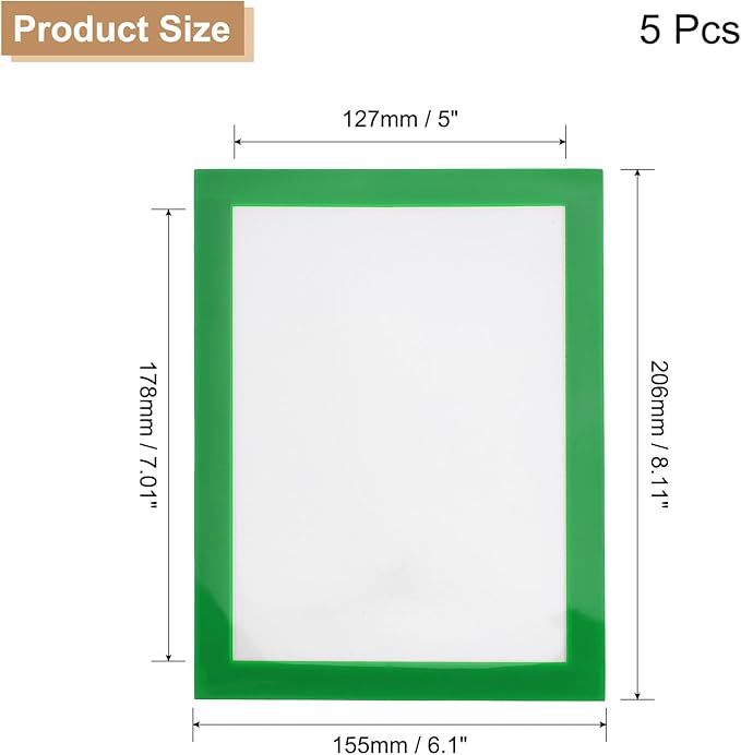 uxcell 5 Pcs Magnetic Sign Holder, 5" x 7" Self-Adhesive Magnetic Wall Signs Holder Magnetic Picture Frame Document Holder for Home Office Wall Window Displays, Green