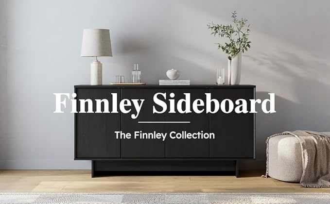 Prepac Finnley 61.5" Wide Sideboard Cabinet, Wood Entryway Sideboard with 2 Adjustable Shelves, Dining Room Buffet with 4 Doors, Living Room Accent Cabinet for Storage and Decorations, Black Oak