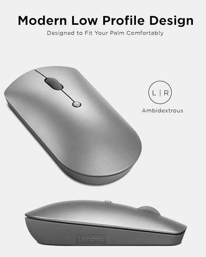 Lenovo 600 Bluetooth Silent Mouse, Blue Optical Sensor, Adjustable DPI, 4 Button, Microsoft Swift Pair, Windows, Chrome, GY50X88832, Gray