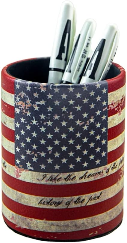Pen Pencil Holder Cup Container PU Leather Desk Organizer Stand Decor Brush Scissor Holder Decoration Office Desk Home School (3.3" x 3.3" x 4", US Flag)