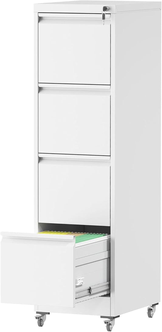 File Cabinet with Lock, 4 Drawers Filing Cabient with Wheel, Steel Vertical Filing Storage Cabinet for Home Office, Heavy-Duty File Cabinets for Letters/Legal/A4 (Require Assembly, White)
