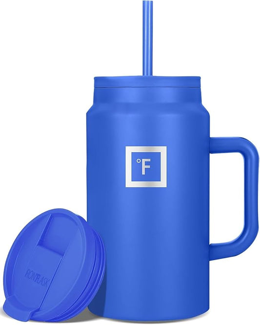 IRON °FLASK Co-Pilot Insulated Mug w/Straw & Flip Cap Lids - Cup Holder Bottle for Hot, Cold Drink - Leak-Proof - Water, Coffee Portable Travel Mug - Cobalt Blue, 50 Oz