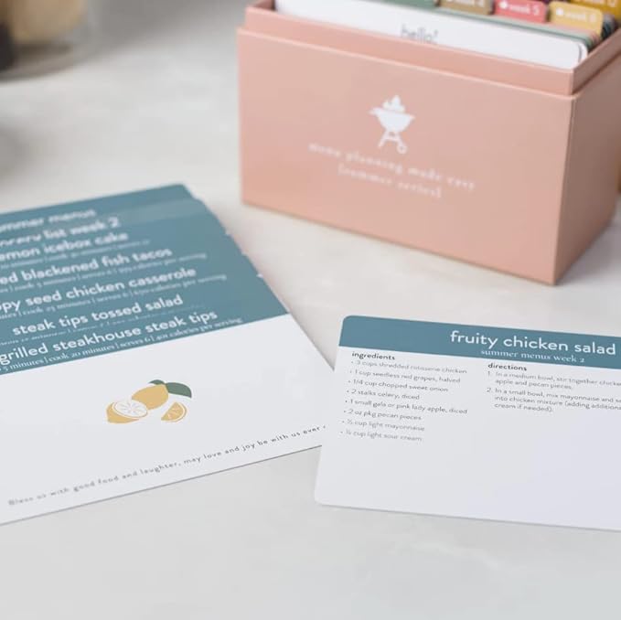 Meal Planner with 72 Recipe Cards (Summer Menu) - Weekly Menu Planner | Sturdy Recipe Box | 12 Reusable Grocery Shopping Lists | 5 Blank Recipe Cards | Recipe Card Protector | Recipe Ideas