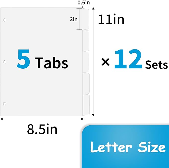Binder Dividers for 3 Ring Binder, 1/5 Cut Tabs, Letter Size, Blank Write On Page Dividers with 5 Big Tabs for School Office Home, 12 Sets, 60 Dividers, White