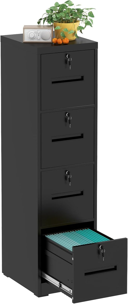 4 Drawer File Cabinet with 4 Lock, Metal Filing Cabinet, Heavy Duty Vertical File Cabinets for Home Office, Steel File Storage Cabinets for Letter/Legal File Folders, Assembly Required (Black)