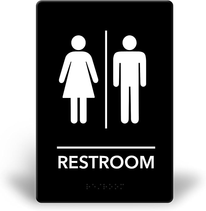Promot Unisex Bathroom Sign – ADA Braille Restroom Sign for Business, Self-Adhesive, 9" x 6", Commercial Door Signage, Office Wall Decor - Black