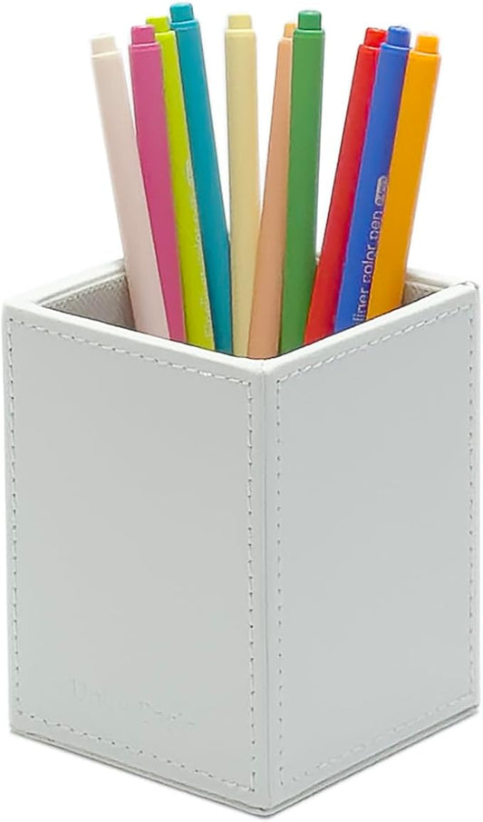 UnionBasic Square Pen Holder, Leather Pencil Cup, Desktop Caddy Stationery Organizer, White