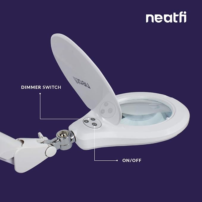 Neatfi Elite XL HD Bifocals Super LED Magnifying Lamp with Clamp, Glass Lens, 6500K, Glare-Free, Nonpolar Dimming (6 Inch Lens, White)