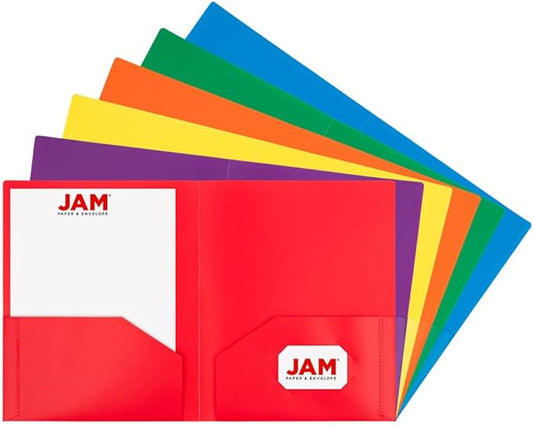 JAM PAPER Heavy Duty Plastic 2 Pocket Extra Tough School Folders - Assorted Primary Colors - Bulk 144 Folders/Box (24 Assorted Packs of 6)