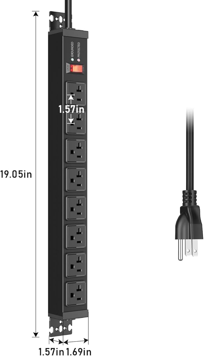 JUNNUJ 20 Amp Power Strip Surge Protector 4800J, Heavy Duty 8 Outlet Metal Multi Angle Mount, 20A Garage Power Strip Shop 6-20R T-Slot, 5-15P Plug 12 Gauge Extension Cord 15ft for Appliance