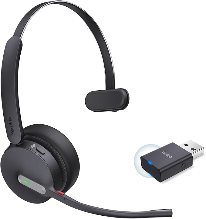 Yealink WH64 Hybrid Mono Wireless Headset with DECT Dongle, 492ft Range,Teams Zoom,Skype, UC Bluetooth Single On Ear Headphones with 3X Noise Cancelling Mic, 26H Talk Time, Office PC, Computer, Phone
