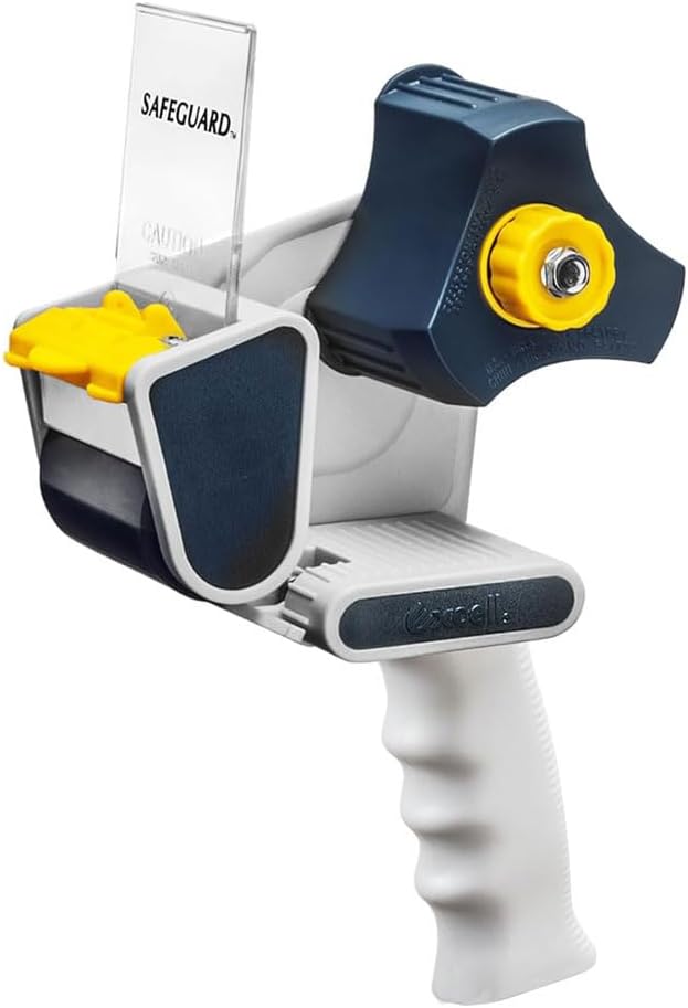 Excell Safeguard Packing Tape Dispenser with 1 Roll Transparent Tape, 2 Inch Wide Tape Gun with Pushflap Technology for Effortless Packaging, Box & Carton Sealing