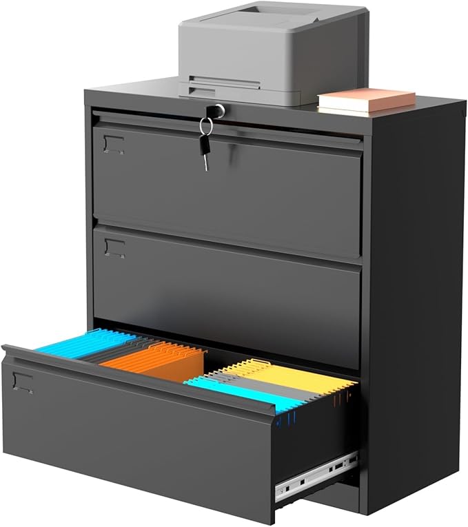 3 Drawer Lateral File Cabinet with Lock and Keys, Metal Lateral Filing Cabinet Storage, Fit Letter/Legal/A4 Size Documents, for Home Office Workspaces