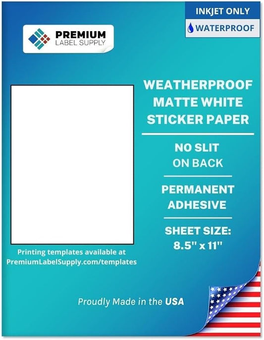 Premium Label Supply Waterproof White Inkjet Sticker Paper – 8.5" x 11" Full Sheet Labels – Inkjet Printers only – Similar to Vinyl – 10 Sheets