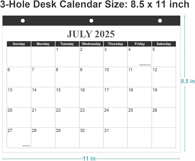 Calendar 2025-2026 for 3 Ring Binder - Wall Calendar from July 2025 - December 2026, 18 Months Calendar with Premium Paper, 3-Hole Calendar/Planner 2025-2026, 8.5" x 11", Black