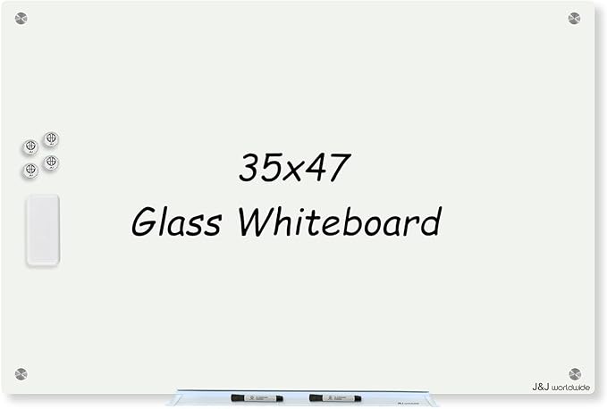 Magnetic Whiteboard, Glass Dry Erase Board 4' x 3' White Surface, White Board Frameless, Home School Supplies or Home Office Decor with Magnets, Markers, Eraser, Marker Tray