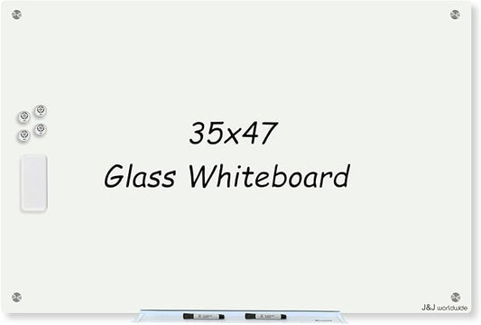 Magnetic Whiteboard, Glass Dry Erase Board 4' x 3' White Surface, White Board Frameless, Home School Supplies or Home Office Decor with Magnets, Markers, Eraser, Marker Tray